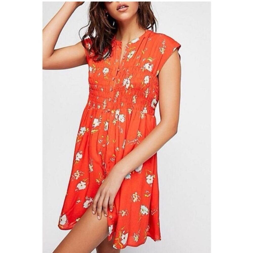 Free People orange red floral button front dress size Medium NWT
